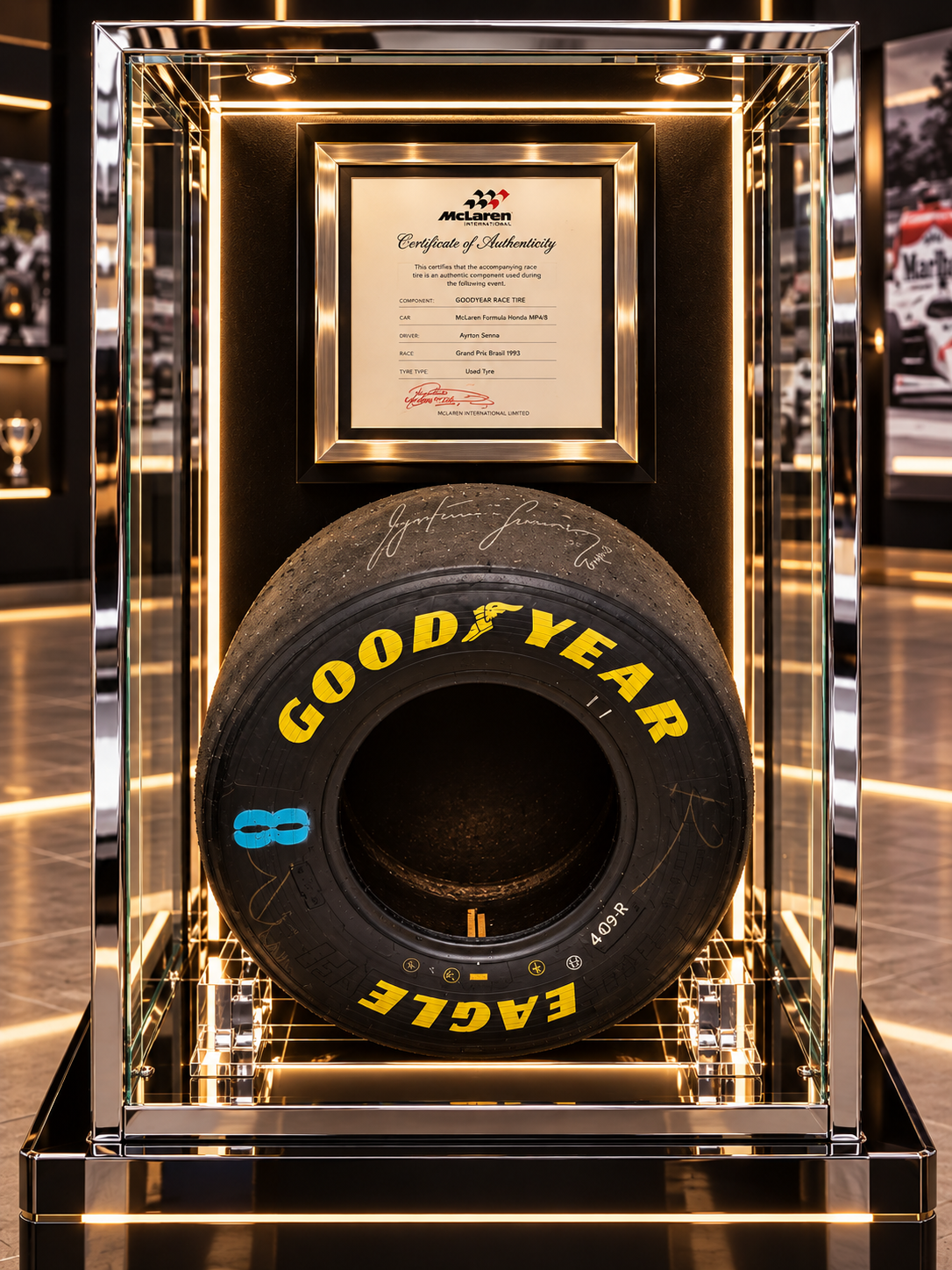 "Interlago '93" – Chrome & Crystal Collector's display case, Goodyear Tyre — 1993 Brazilian Grand Prix Driven by Ayrton Senna