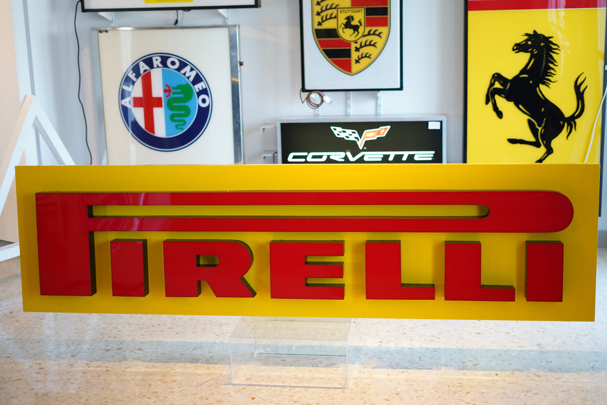 1990s Pirelli Dealer illuminated Sign – Classic Yellow & Red Heritage Display
